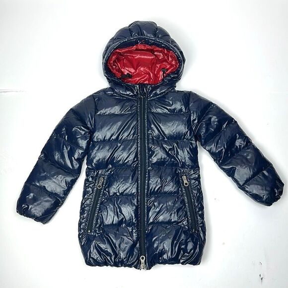 DUVETICA Toddler Girl Soft  Down Puff Coat with Hood Deep Blue Red Lining Sz 2 - Picture 1 of 13